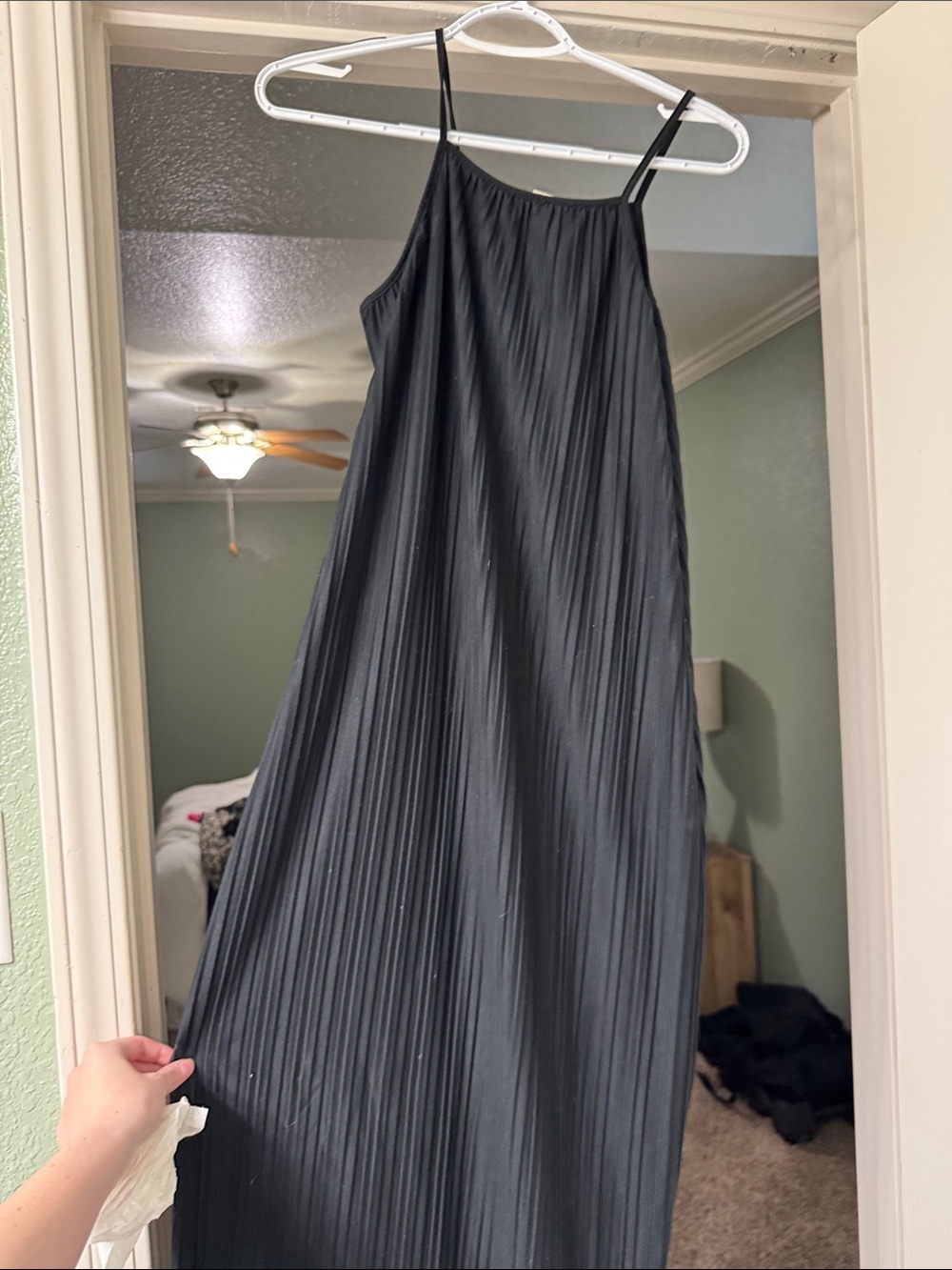 Black Pleated Maxi Slip Dress with Spaghetti Straps